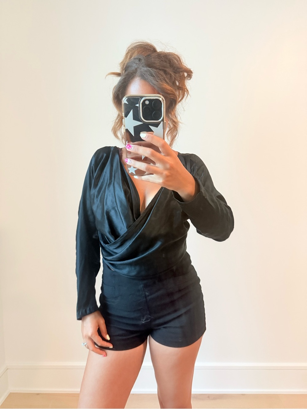 Sue Wong Black Draped Wrap-Front Long Sleeve Top
